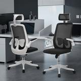 Inbox Zero Adjustable High Back Swivel Office Seat w/ Headrest Wood/Upholstered/Mesh in Gray/Black, Size 46.5 H x 24.0 W x 22.0 D in | Wayfair