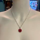 Coach Jewelry | Coach Red & Black Enamel Flower Pendant .925 Sterling Silver Necklace | Color: Black/Red | Size: 18 In Length