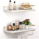 Everly Quinn White Floating Shelves - Set Of 2, Wall Mounted Hanging Shelves w/ Golden Towel Rack, Modern White, Wood | Wayfair