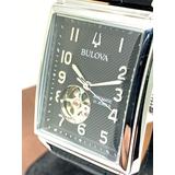 Bulova Men's Watch 96a269 Automatic Black Dial Leather Strap Rectangle