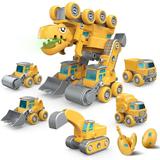 Construction Truck Toys KATTUN 5-in-1 Take Apart Dinosaur Toys Transform Vehicles Set with Dinosaur Egg & Screwdriver Light & Sound Educational STEM Building Toys Gifts for 3+ Year Old Boys Girls