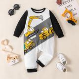 Baby Boy Allover Construction Vehicle Print Long-sleeve Jumpsuit