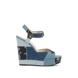 Jessica Simpson Tonnia Blue and Pewter Patchwork Platform Wedge Denim Sandals (7.5 Blue and Pewter Patchwork)