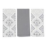 Noble Damask,'Set of Three Printed Cotton Dish Towels in Grey and White'