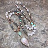 Raw Rose Quartz Mala Necklace-Natural Stone 108 Beads Arrowhead Pendant Necklace For Women-Healing Crystal Protection Gift