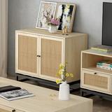 Bay Isle Home™ Modern Hirano Storage Cabinet, Accent Entryway Floor Cabinet w/ Adjustable Shelf & 2 Rattan Doors, Mid-Century Bookmatch | Wayfair