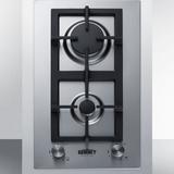 Summit GCJ2SSLPTK15 15"W Gas Cooktop w/ (2) Burners - Stainless Steel, Convertible, Push-to-Turn Knob, Cast Iron Grate, Silver, Gas Type: Convertible, 115 V