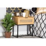 Baxton Studio Sawyer Mid-Century Modern Industrial Oak Brown Finished Wood and Black Metal 1-Drawer End Table with Natural Rattan - Wholesale Interiors LCF20220219-Oak Brown-ET