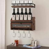 17 Stories Solid Wood Wall Mounted Wine Bottle & Glass Rack in Wood/Solid Wood in Black/Brown, Size 9.05 H x 4.92 W in | Wayfair