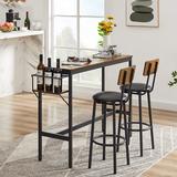 17 Stories 3-Piece Bistro Bar Table Set, Dining Set w/ Folding Rack, Stools, Counter Height Wood/Metal/Upholstered Chairs in Black/Brown | Wayfair