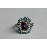 Antique 1830S Georgian Garnet, Turquoise, & Pearl Lace Pin Ring