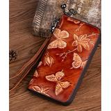 La Vachette Wallets Light - Light Brown & Beige Embossed Butterfly Leather Clutch Wallet