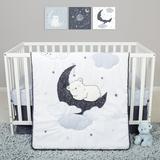 Sammy & Lou Bearly Dreaming 4 Piece Crib Bedding Set. Celestial Pattern Featuring a Sleeping Bear. Colors of Blue Gray and White. 100% Polyester Fill