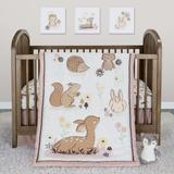 Sammy & Lou Sweet Autumn 4 Piece Crib Bedding Set. Set Features Woodland Animals and Floral Accents in Colors of Mauve Brown Pale Blush Green Yellow White. Quilt is 100% Polyester fill.