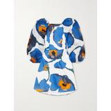 Carolina Herrera - Gathered Floral-print Duchesse Silk-satin Mini Dress - Blue