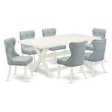 East West Furniture X-Style 7-piece Wood Dining Table Set in White/Baby Blue