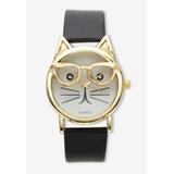 Women's Cat Watch Gold Tone With Adjustable Black Strap 8" Length by PalmBeach Jewelry in Gold