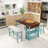 Latitude Run® Counter Height Dining Table Set w/ Storage Shelves & Drawer Wood/Upholstered Chairs in Blue/Brown/Gray | Wayfair
