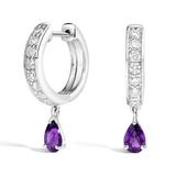 14K White Gold Luxe Amethyst and Diamond Drop Huggie Earrings