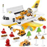 FUN LITTLE TOYS Electronic Transport Airplane Toys with Construction Die cast Car Toys Set Construction Toys for 3 4 5 Year Old Boys