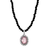 1928 Jewelry Silver Tone Crystal Rimmed Topaz Oval Black Beaded Necklace 15 In Adj, Pink, No Size