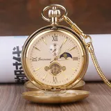 High Quality Golden Moon Phase Mechanical Pocket Watch Roman Number Tourbillon Dial Pendant Chain Men Women Gifts For Dad