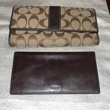 Coach Bags | Coach Wallet Checkbook Signature Long Wallet Leather Brown Tan Logo Trifold | Color: Brown/Tan | Size: Os