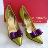 Kate Spade Shoes | Kate Spade Rare Satin Heels In Lime Green With Purple Bow | Color: Green/Purple | Size: 7