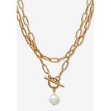 Women's Simulated Pearl Gold Ion-Plated Stainless Steel Paperclip Necklace Set 18 Inch by Roamans in Gold