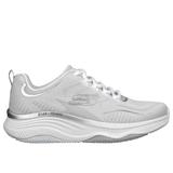 Skechers Women's Relaxed Fit: D'Lux Fitness - Pure Glam Sneaker | Size 6.5 | White/Silver | Textile/Synthetic | Vegan | Machine Washable