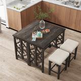 Canora Grey 3-Piece Retro Dining Set Solid Wood Counter Height Pub Set Foldable Table w/ 2 Saddle Stools For Kitchen Wood/Upholstered Chairs in Brown