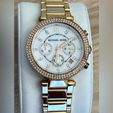 Michael Kors Accessories | Michael Kors Ladies Watch Crystals Rose Gold Tone Bracelet White Dial Date Wndw | Color: Gold/White | Size: Os