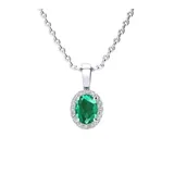 Belk & Co Lab Created 1 Carat Oval Shape Emerald And Halo Diamond Necklace In Sterling Silver With 18 Inch Chain, White