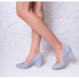 Iga - Leather Block Heels, Women Shoes, Velvet Heels, Pointed Toe Pumps, Wedding Shoes, Bride Shoes, Blue Wedding Heels