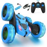 Remote Control Car Double Sided 360°Rotating 4WD RC Cars with Headlights 2.4GHz Electric Race Stunt Toy Car Rechargeable Toy Cars for Boys Girls Birthday (Blue)
