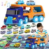 14PCS Toy Trucks Car for 2 3 4 5 Year Old Toddlers Boys Girls Transport Car Carrier Truck Pull Back Vehicles Toys Car Trucks Toys with Light Music & Play Mat Birthday Gifts for Kids Toddlers