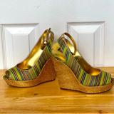 Nine West Shoes | Nine West Karmic Platform Wedge Sandals Womens 7.5 Striped Peep Toe Espadrille | Color: Gold/Green | Size: 7.5