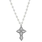 1928 Silver Tone Crystal Diamond Shaped Stones Cross Simulated Pearl Necklace, Women's, Grey