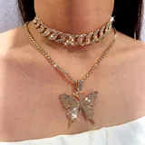 LATS Punk Cuban Double Layer Big Butterfly Pendant Necklace Full Rhinestone Gold Color Choker Thick Chain Necklace Women Jewelry
