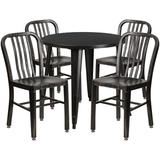 Flash Furniture Chad Commercial Grade 30 Round Black-Antique Gold Metal Indoor-Outdoor Table Set with 4 Vertical Slat Back Chairs