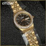 Citizen Quartz Women's Crystal Accent Gold Tone Watch Black Dial Date