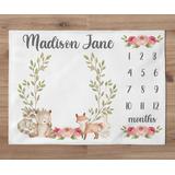 Woodland Baby Gril Milestone Blanket, Floral Animals Name Personalized Bear Fox Rabbit Shower Gift