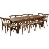 Flash Furniture HERCULES Series 9 x 40 Antique Rustic Folding Farm Table Set with 12 Cross Back Chairs and Cushions