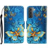 UUCOVERS for Samsung Galaxy S22 5G Wallet Phone Case Kids Women Soft PU Leather Magnetic Buttons Wrist Strap Card Holders Shockproof Kickstand Protective Flip Cover for Galaxy S22 Gold Butterfly