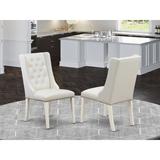 East West Furniture FOP2T44 Mid Century Dining Chairs - Pu Leather Dining Chair & Button Tufted Back w/ Linen Rubber Wood Legs in White | Wayfair