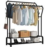 TSJUN Home Double Rods Clothing Garment Rack With 2-Tier Shelves Metal Freestanding Cloth Stand 8 Hangers Black