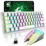Wireless Gaming Keyboard and Mouse Combo with Ergonomic 61 Key Rainbow LED Backlight Mechanical Feel Rechargeable RGB Mute Mice for PC MAC Gamer Office Typists(White)