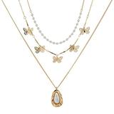SHIMALEI Women Multilayer Butterfly Faux Pearl Pendant Choker Chain Necklace Jewelry