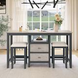 Canora Grey Rustic 3-Piece Counter Height Wood Dining Table Set w/ 2 Storage Drawers & 2 Stools For Small Places Wood/Upholstered Chairs in Gray