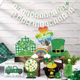 The Holiday Aisle® 11-Piece St. Patrick's Day Layered Tray Decoration, Freestanding Irish Theme Table Center Decoration Wood in Brown/Green/Yellow
